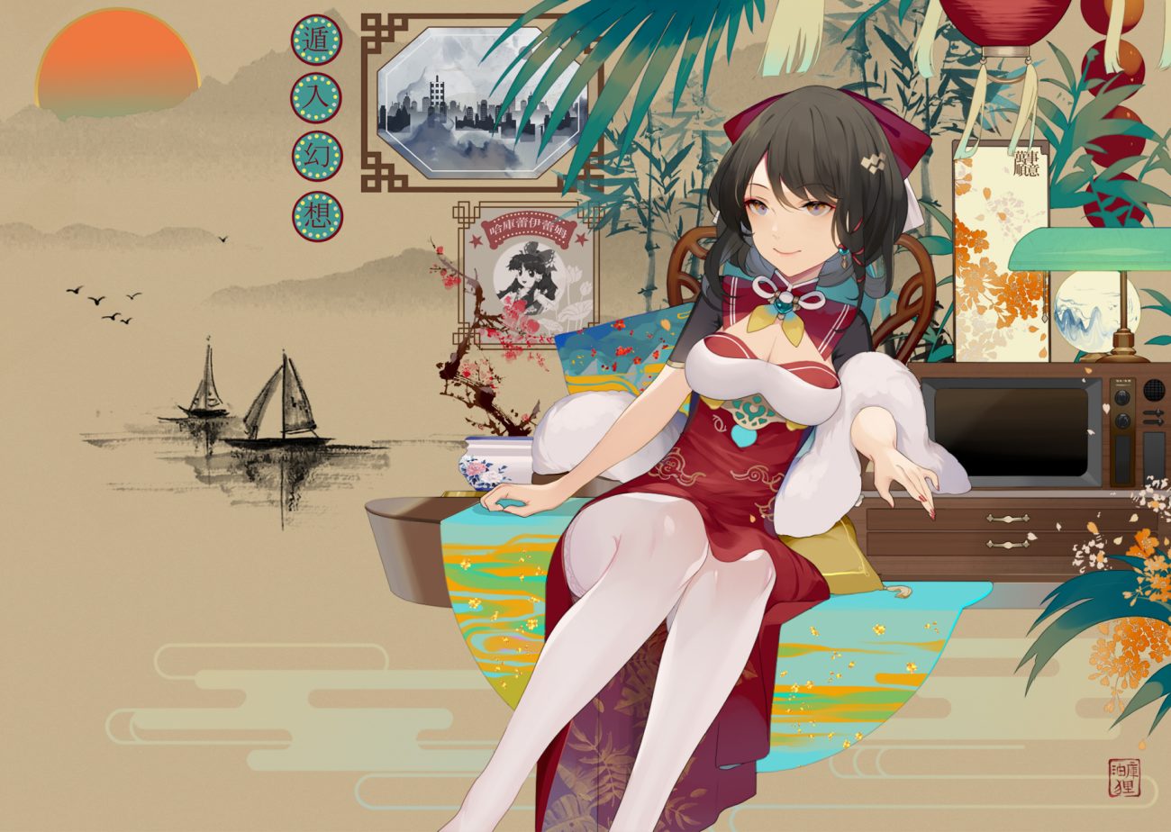 black hair breasts brown eyes chinese clothes cleavage dress hakurei reimu maiwetea pantyhose short hair touhou