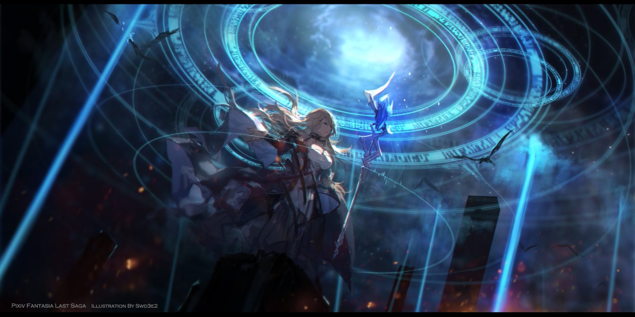 blonde hair breasts cleavage clouds long hair magic original pixiv fantasia sky swd3e2 watermark