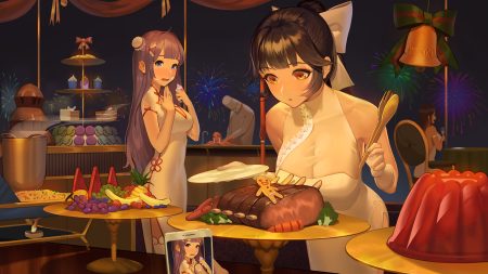 2girls anthropomorphism azur lane bell breasts cake camera christmas cleavage damiaodi fireworks food fruit long hair orange eyes phone ponytail purple eyes purple hair see through sky south dakota (azur lane) takao (azur lane) unicorn (azur lane) watermelon