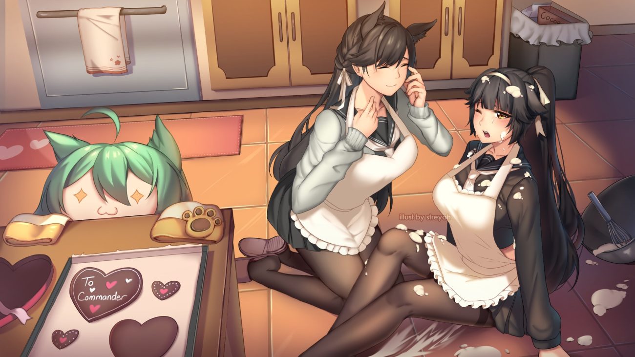 akashi (azur lane) animal ears anthropomorphism apron atago (azur lane) azur lane black hair braids brown hair candy catgirl cat smile chocolate foxgirl loli long hair pantyhose ponytail school uniform skirt streyah takao (azur lane) valentine watermark wink yellow eyes