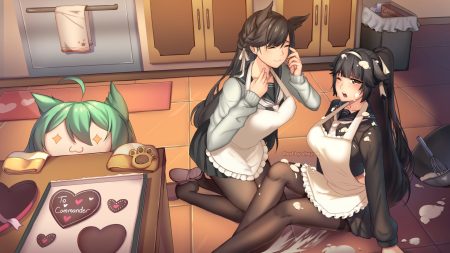 akashi (azur lane) animal ears anthropomorphism apron atago (azur lane) azur lane black hair braids brown hair candy catgirl cat smile chocolate foxgirl loli long hair pantyhose ponytail school uniform skirt streyah takao (azur lane) valentine watermark wink yellow eyes