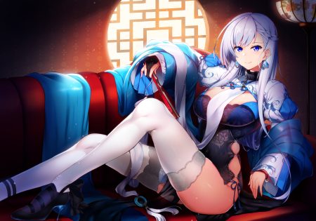 anthropomorphism azur lane belfast (azur lane) blue eyes braids breasts chain chinese clothes chinese dress collar couch dress fan long hair raiou thighhighs white hair wristwear