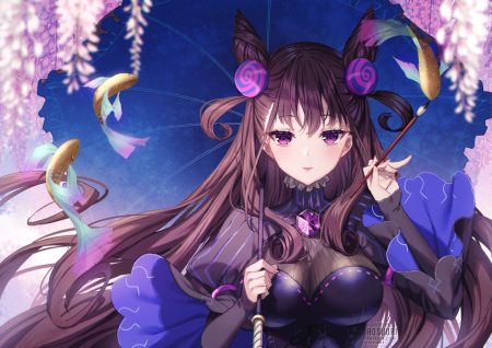 animal black hair blush breasts cherry blossoms cleavage fate/grand order fate (series) fish flowers long hair murasaki shikibu purple eyes rosuuri see through umbrella watermark
