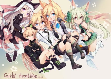 animal ears anthropomorphism aqua eyes art556 (girls frontline) blonde hair blue eyes boots bow brown eyes catgirl cat smile cross dress fang g41 (girls frontline) garter garter belt girls frontline gloves green eyes green hair group headdress headphones idw (girls frontline) kneehighs loli long hair microphone navel nun p7 (girls frontline) panties purple eyes sankyaku tako shirt shorts skirt techgirl thighhighs tie tmp (girls frontline) underwear white hair