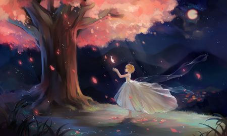 barefoot brown hair cherry blossoms dress duximeng flowers moon night petals sakura (tsubasa) short hair tree tsubasa reservoir chronicle