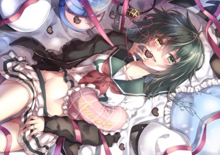 anthropomorphism bicolored eyes blush candy chocolate green hair kantai collection kiso (kancolle) navel ribbons school uniform short hair signed valentine yuihira asu