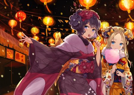 2girls abigail williams (fate/grand order) aqua eyes black hair blonde hair blue eyes bow fate/grand order fate (series) festival food japanese clothes katsushika hokusai kimono loli long hair short hair ten-chan (eternal s)