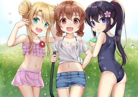 ass bikini bikini top black hair blonde hair blue eyes blush brown hair cat smile drink fang green eyes himesaka noa hoshino hinata loli long hair navel niiya ponytail red eyes school swimsuit see through shirosaki hana short hair shorts swimsuit twintails watashi ni tenshi ga maiorita! wet
