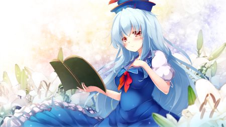blue hair blush book breast hold breasts flowers gengetsu chihiro headdress kamishirasawa keine long hair red eyes touhou