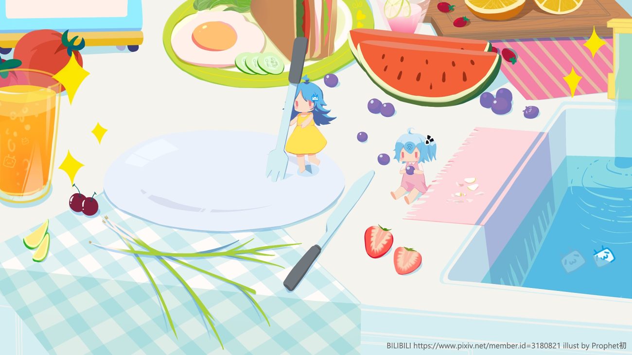 2girls aqua hair bili bili douga bili girl 22 bili girl 33 blue hair cherry chibi dress drink food fruit long hair orange (fruit) ponytail prophet heart red eyes short hair strawberry summer dress water watermark watermelon