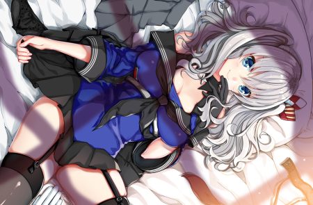 anthropomorphism aqua eyes bed breasts cleavage garter belt gloves gray hair kantai collection kashima (kancolle) long hair mahou shounen panties school uniform signed skirt skirt lift thighhighs twintails underwear zettai ryouiki