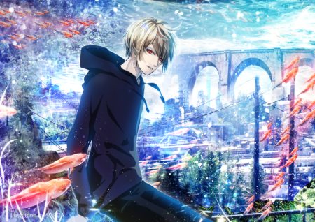 all male animal blonde hair building city fish hood male original red eyes short hair soroa underwater water watermark
