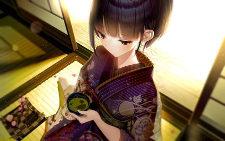 atha black hair brown eyes close drink food japanese clothes kimono original short hair