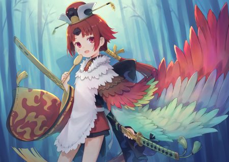 104 (luins-104) apron benienma fate/grand order fate (series) forest hat katana loli long hair ponytail red eyes red hair sword tree weapon wings
