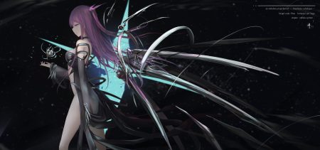 black choker dark dress hc jpeg artifacts long hair mechagirl nopan original pixiv fantasia ponytail purple eyes purple hair watermark