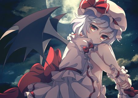 bow brown eyes clouds dise dress gray hair hat moon night remilia scarlet short hair sky stars touhou vampire wings wristwear