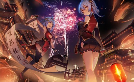 2girls animal ears bell bili bili douga bili girl 22 bili girl 33 breasts building dress fireworks glasses orange eyes sky tagme (artist) thighhighs underboob white hair