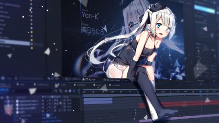 aqua eyes blush choker computer hat kneehighs long hair original orihi chihiro skirt thighhighs twintails watermark white hair
