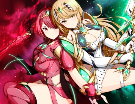 2girls blonde hair gloves hikari (xenoblade) homura (xenoblade) long hair pink eyes pink hair short hair sword thighhighs weapon wsman xenoblade yellow eyes