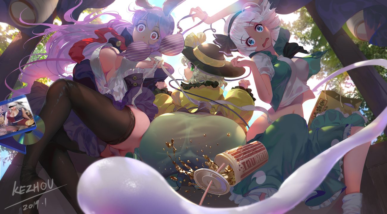 animal ears ass bra breasts bunny ears bunnygirl drink food green eyes hat headband kezhou komeiji koishi konpaku youmu long hair myon no bra panties pink hair red eyes reisen udongein inaba see through short hair signed socks thighhighs touhou underwear undressing upskirt white hair yagokoro eirin