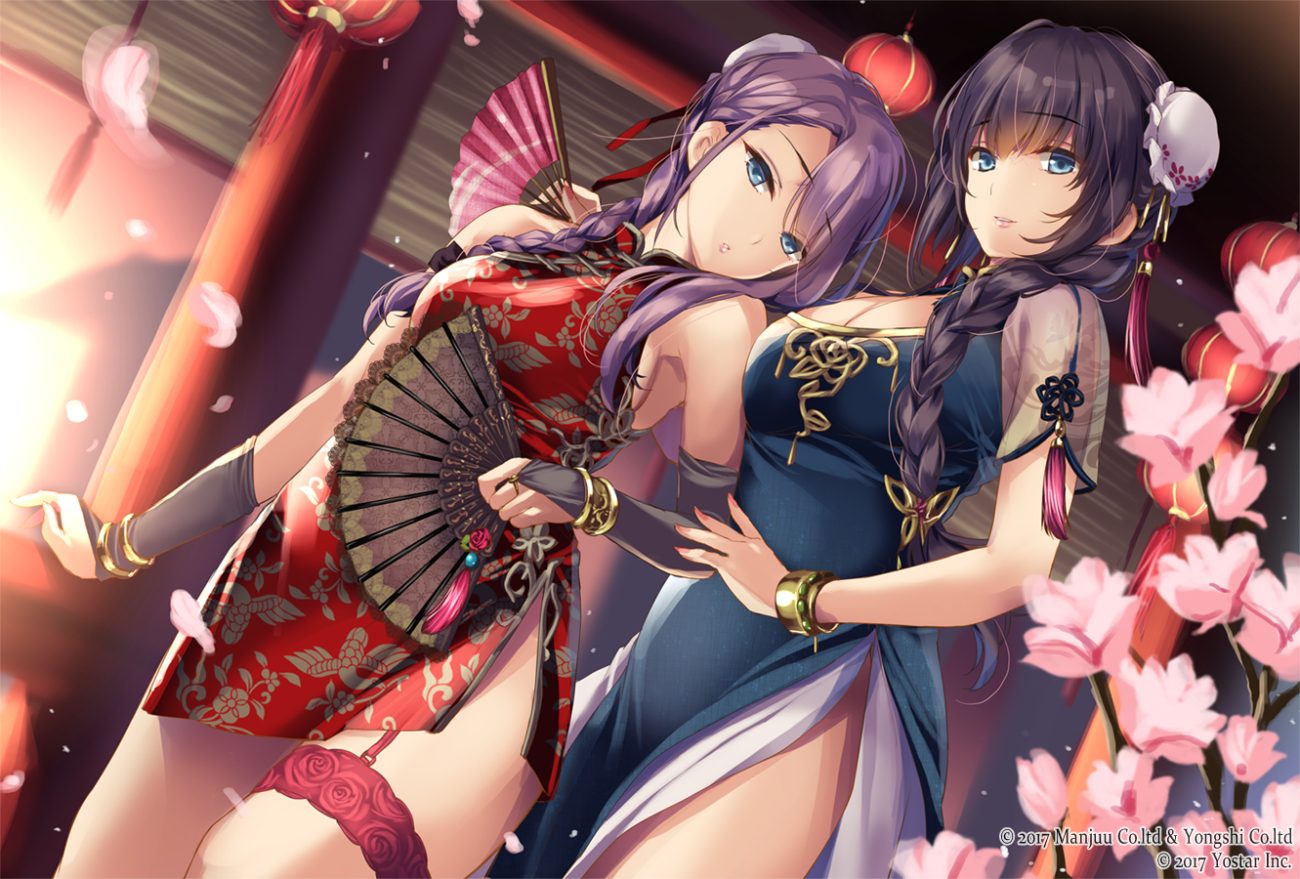2girls anthropomorphism azur lane black hair blue eyes braids breasts cherry blossoms chinese clothes chinese dress cleavage curacoa (azur lane) curlew (azur lane) dress fan flowers hat long hair moneti (daifuku) ponytail purple hair thighhighs watermark