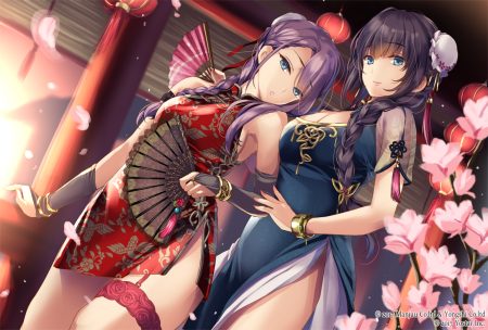 2girls anthropomorphism azur lane black hair blue eyes braids breasts cherry blossoms chinese clothes chinese dress cleavage curacoa (azur lane) curlew (azur lane) dress fan flowers hat long hair moneti (daifuku) ponytail purple hair thighhighs watermark