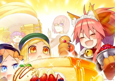abigail williams (fate/grand order) animal ears aqua eyes bell blonde hair blush bow cake collar fang fate/grand order fate (series) food foxgirl fruit glasses gloves group hat headdress ice cream kazune rain loli long hair maid mash kyrielight orange eyes passionlip paul bunyan (fate/grand order) pink hair ponytail purple eyes purple hair strawberry tamamo cat tamamo no mae (fate) watermark