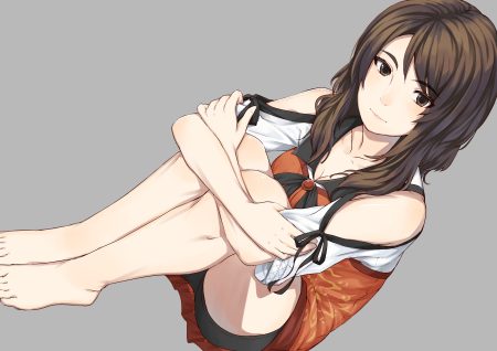 aliasing barefoot bike shorts breasts brown eyes brown hair cleavage dress fatal frame fatal frame 5 gray kozukata yuuri long hair shiro manjuu (shiroxie) shorts
