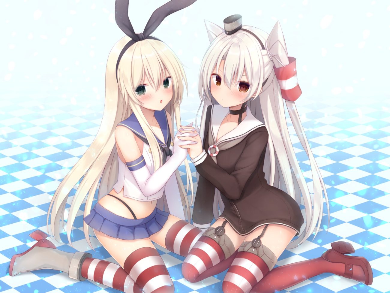 2girls amatsukaze (kancolle) anthropomorphism blonde hair boots brown eyes choker dress elbow gloves firepo garter belt gloves green eyes headband kantai collection long hair navel school uniform shimakaze (kancolle) skirt thighhighs twintails white hair zettai ryouiki