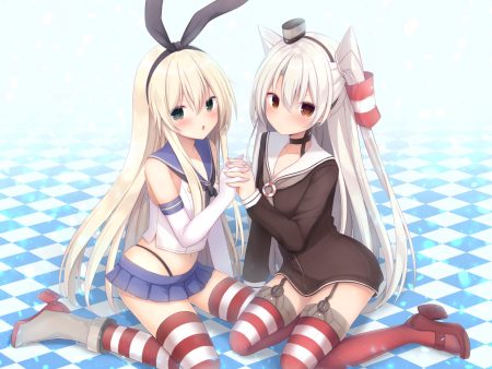 2girls amatsukaze (kancolle) anthropomorphism blonde hair boots brown eyes choker dress elbow gloves firepo garter belt gloves green eyes headband kantai collection long hair navel school uniform shimakaze (kancolle) skirt thighhighs twintails white hair zettai ryouiki