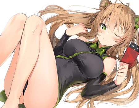 anthropomorphism brown hair chinese clothes chinese dress cropped dress girls frontline green eyes long hair rfb (girls frontline) silver (chenwen) twintails wink