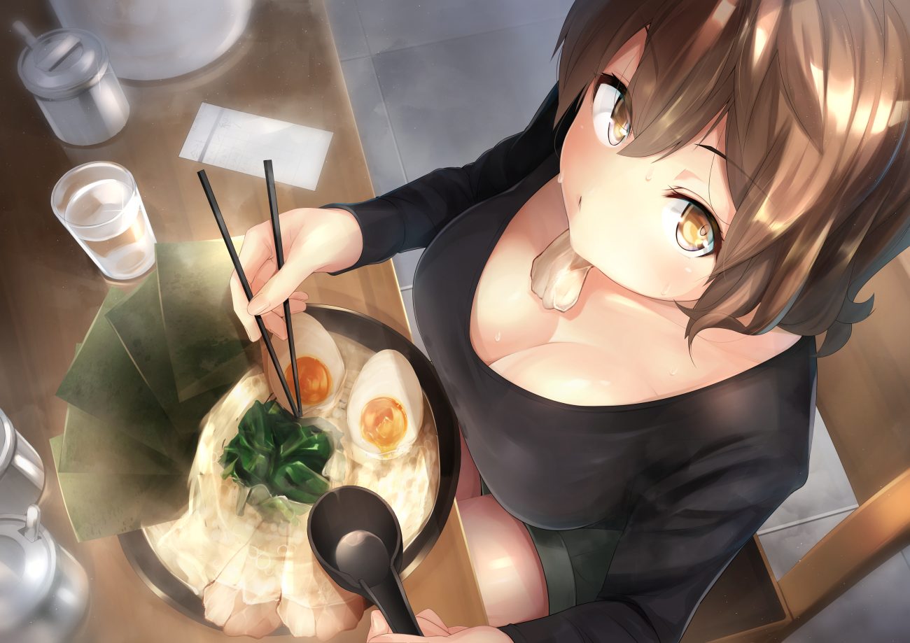 breasts brown hair cleavage drink food keigen hichou original short hair shorts yellow eyes