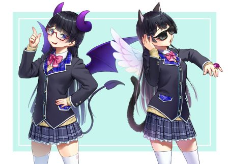 aliasing animal ears black hair blue eyes bow catgirl cosplay demon glasses horns kath long hair nijisanji school uniform sunglasses tail thighhighs tsukino mito wings zettai ryouiki