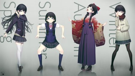 black hair blue eyes boots bow braids glasses gradient japanese clothes kath kimono kneehighs long hair nijisanji pantyhose reflection scarf school uniform skirt spread legs thighhighs tsukino mito twintails wink zettai ryouiki