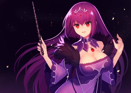 breasts cleavage dress fate/grand order fate (series) headdress kari (hotaru kago) long hair necklace purple purple hair red eyes scathach (fate/grand order) scathach skadi (fate/grand order) signed wand