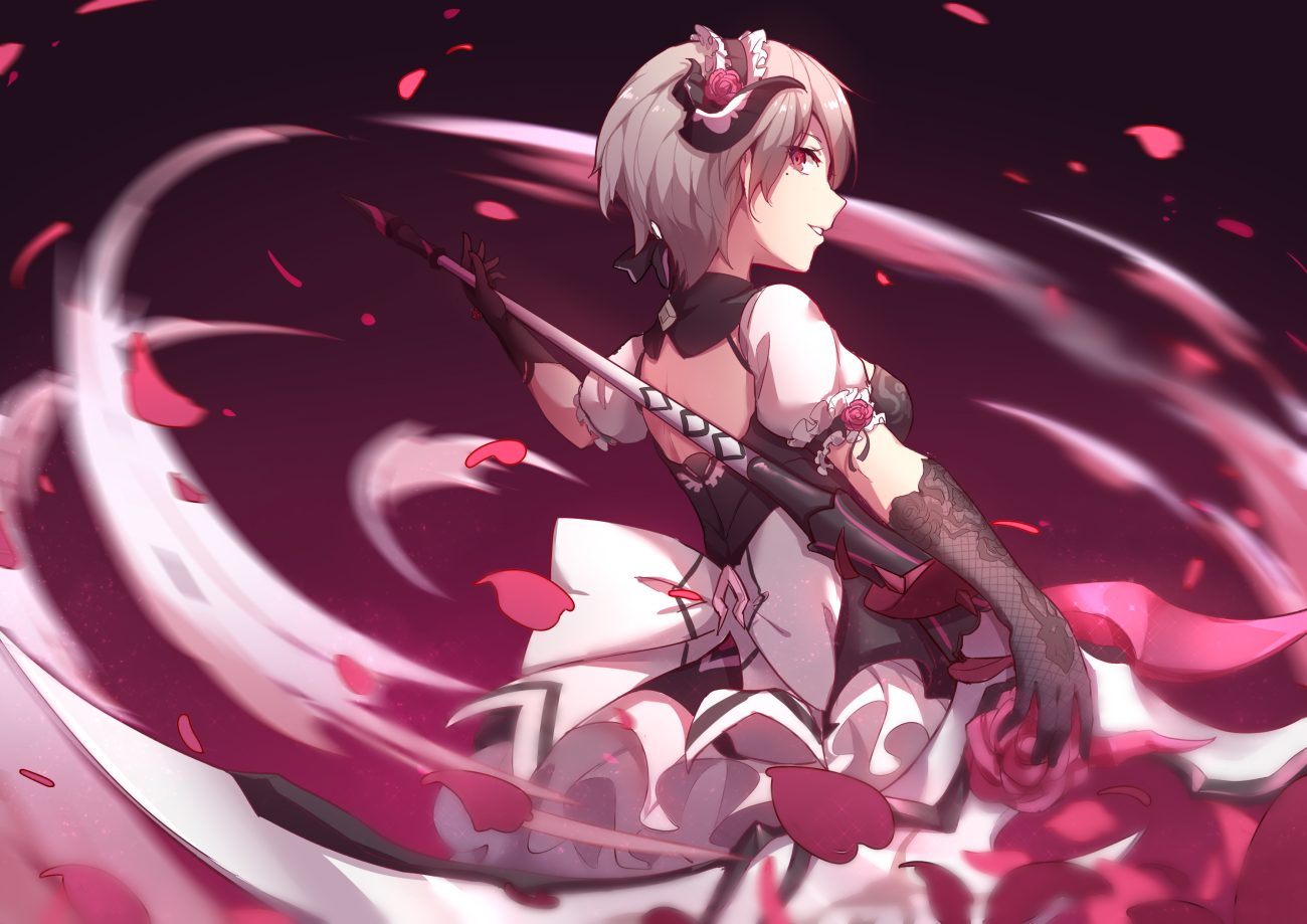 elbow gloves flowers gloves goth-loli gradient gray hair headband honkai impact honkai (series) lolita fashion petals pink eyes purple rita rossweisse rose short hair weapon yumuto