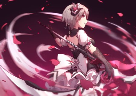 elbow gloves flowers gloves goth-loli gradient gray hair headband honkai impact honkai (series) lolita fashion petals pink eyes purple rita rossweisse rose short hair weapon yumuto