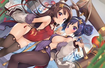 2girls animal ears anthropomorphism azur lane blue hair breasts brown hair bunny ears bunnygirl chinese clothes chinese dress dress headband kurot long hair ning hai (azur lane) pantyhose ping hai (azur lane) purple eyes red eyes short hair sideboob tail thighhighs