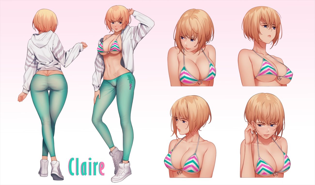 ass bikini top blonde hair blue eyes breasts cameltoe cleavage erect nipples eventh7 gradient hood original short hair skintight tattoo underboob