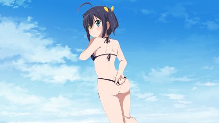 ass bikini black hair blue eyes chuunibyou demo koi ga shitai! eyepatch hgm (cjh4563) short hair sky swimsuit takanashi rikka third-party edit