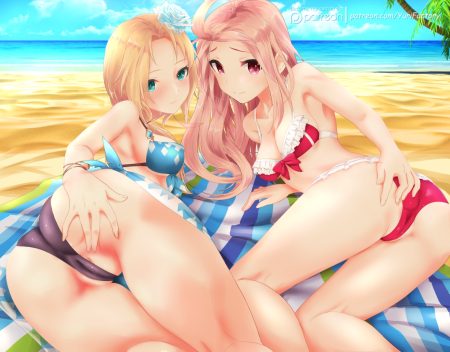 2girls ass beach bikini bilibala blonde hair blush cleo (king's raid) clouds frey (king's raid) green eyes king's raid long hair pink hair pussy sky swimsuit water watermark