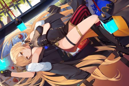 anthropomorphism ball blonde hair boots braids breast hold breasts chinese clothes chinese dress cleavage dress eruthika garter girls frontline gloves long hair orange eyes ots-14 (girls frontline) thighhighs