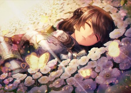 armor braids brown hair butterfly flowers kuroi susumu long hair original sleeping