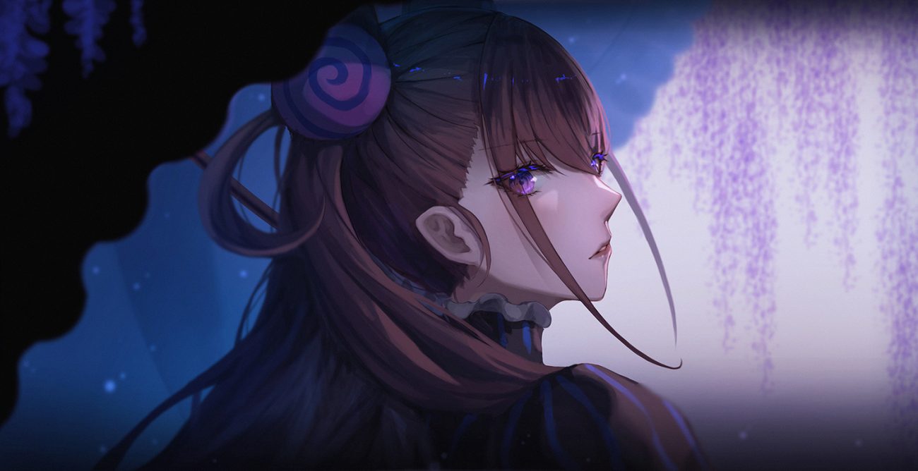 brown hair close dark fate/grand order fate (series) inho song long hair murasaki shikibu purple eyes umbrella