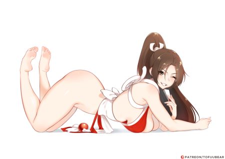 barefoot breasts brown eyes brown hair cleavage fan fatal fury king of fighters long hair no bra nopan ponytail shiranui mai tofuubear watermark white wink