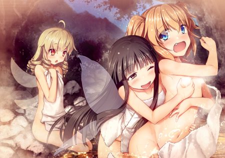 alakoala shoushou blonde hair blue eyes blush breast grab brown eyes brown hair fairy fang jpeg artifacts loli long hair luna child navel nude red eyes shoujo ai sky stars star sapphire sunny milk touhou towel tree water wings wink