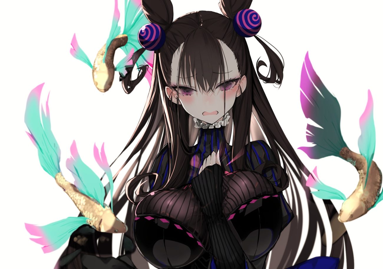 animal black hair breast hold breasts fate/grand order fate (series) fish long hair murasaki shikibu naruwe purple eyes tears white