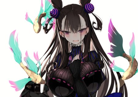 animal black hair breast hold breasts fate/grand order fate (series) fish long hair murasaki shikibu naruwe purple eyes tears white