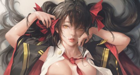 anthropomorphism breasts brown hair girls frontline g-tz long hair no bra open shirt orange eyes realistic ribbons tie twintails type 97 (girls frontline)