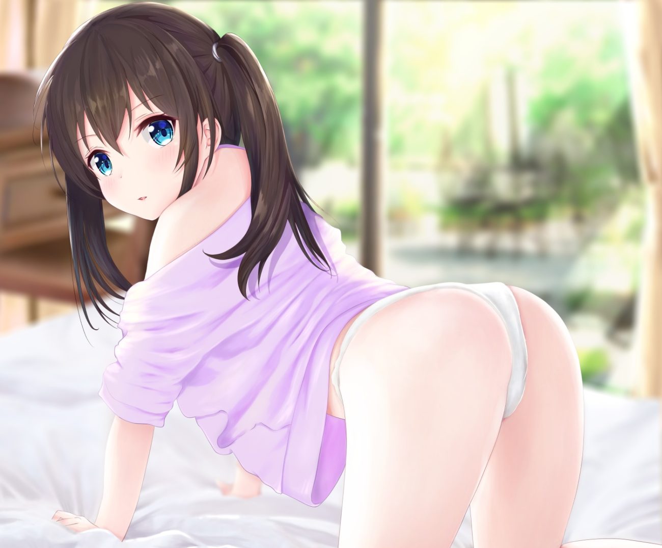 aqua eyes ass bed blush brown hair cropped long hair mito ichijyo original panties twintails underwear